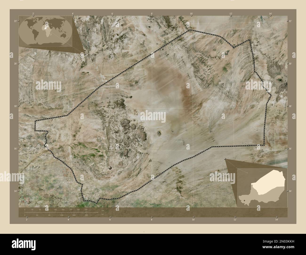 Agadez, Departement Niger. Hochauflösende Satellitenkarte. Eckkarten für zusätzliche Standorte Stockfoto