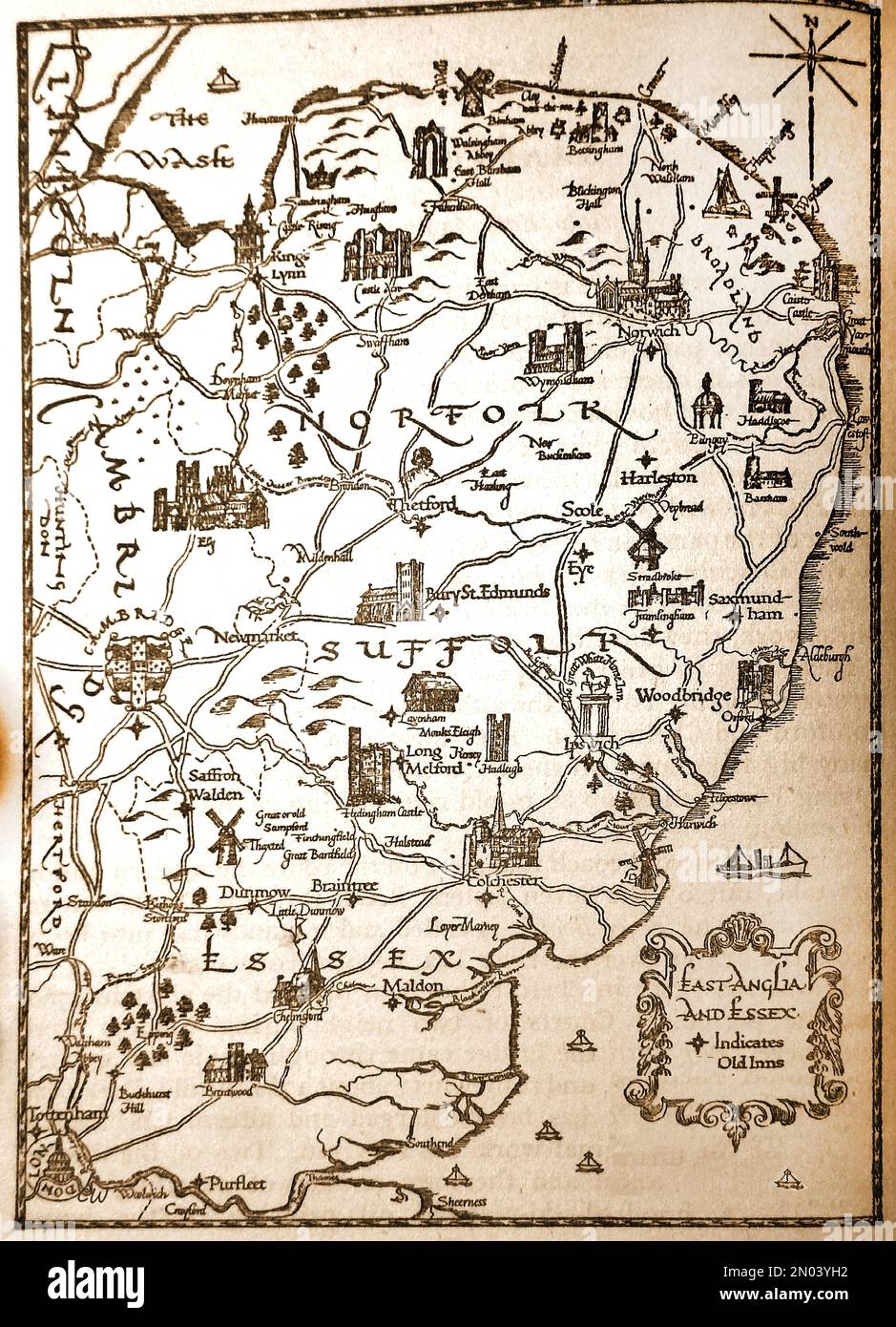 Eine Karte von Norfolk, Suffolk und East Anglia aus dem Jahr 1946 mit Gasthäusern und Sehenswürdigkeiten. Stockfoto