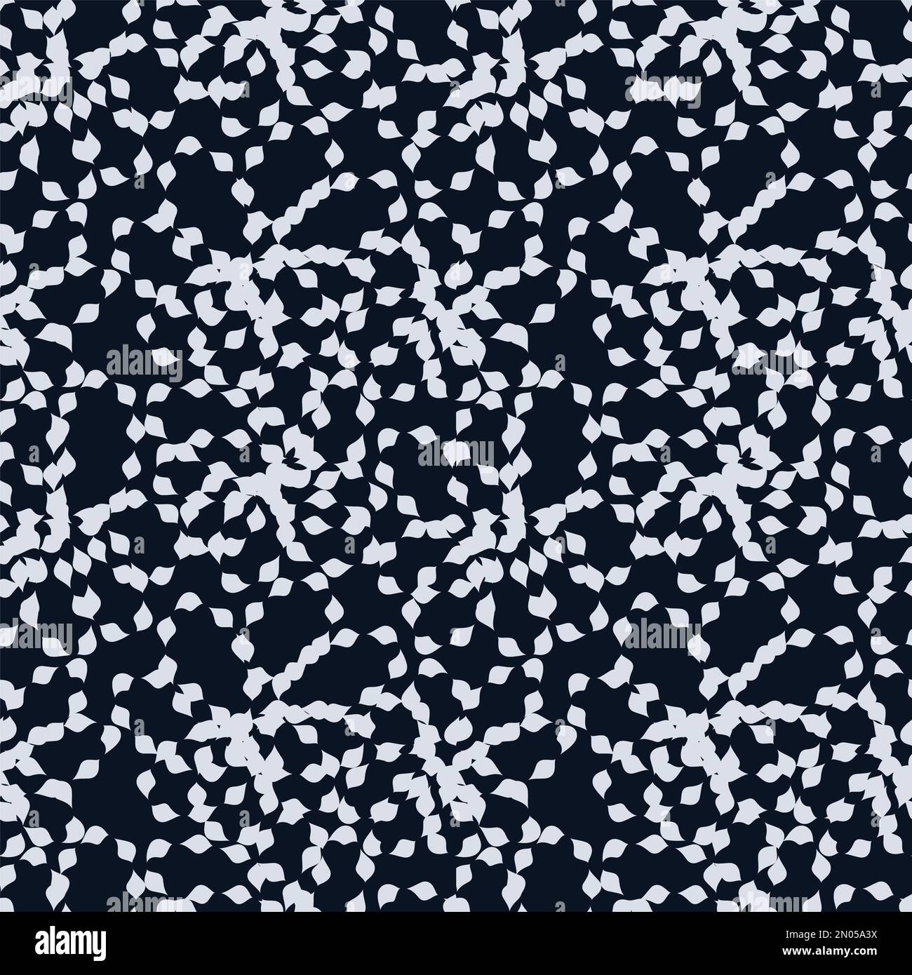 Nahtlos einfaches, niedliches Muster aus kleinen weißen Fragmenten wie Blättern auf marineblauem Hintergrund. Endlose Verzierungen. Farbenfroher Hintergrund für Stoff, Textil, Leinen Stockfoto