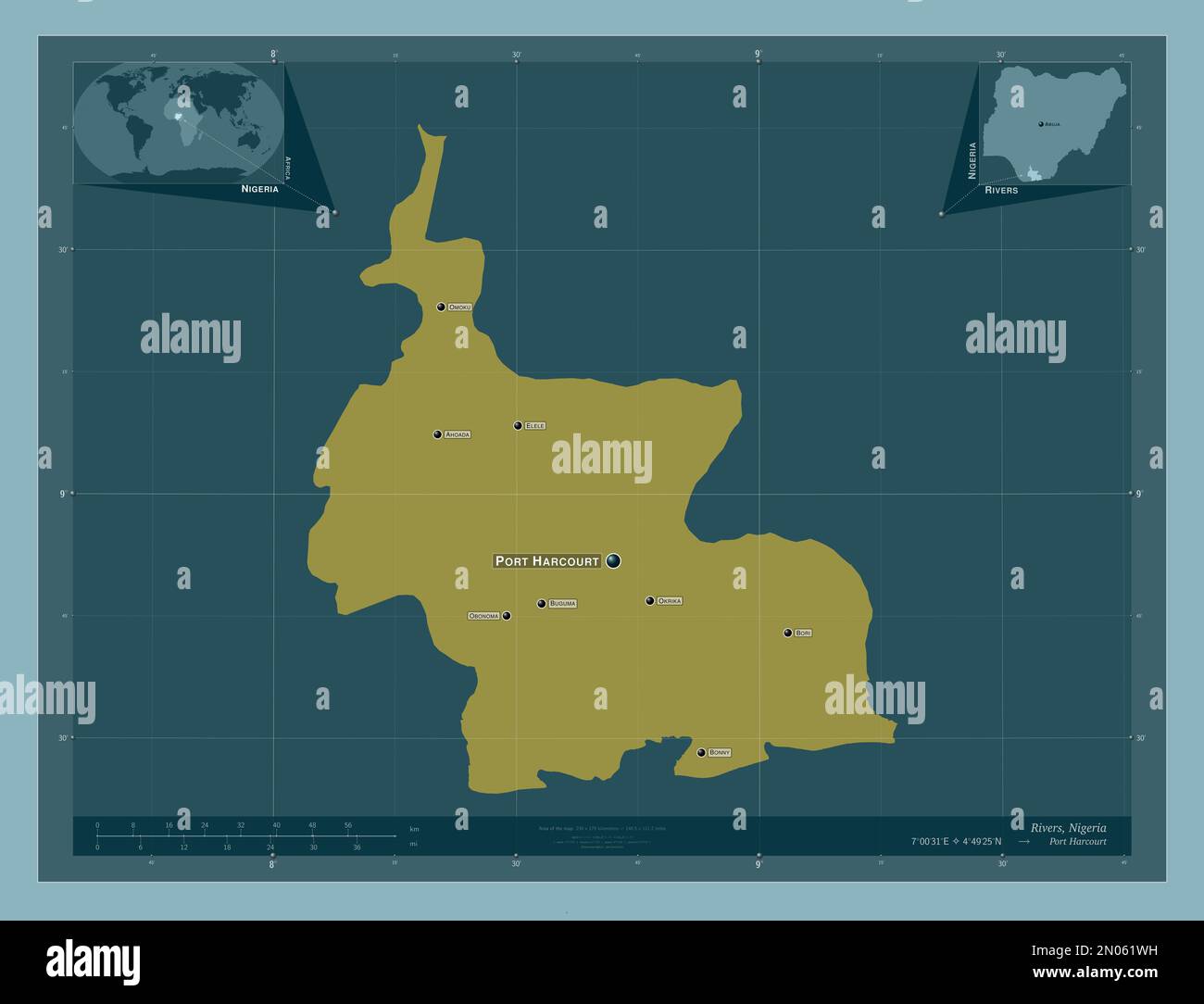 Flüsse, Staat Nigeria. Durchgehende Farbform. Standorte und Namen der wichtigsten Städte der Region. Eckkarten für zusätzliche Standorte Stockfoto