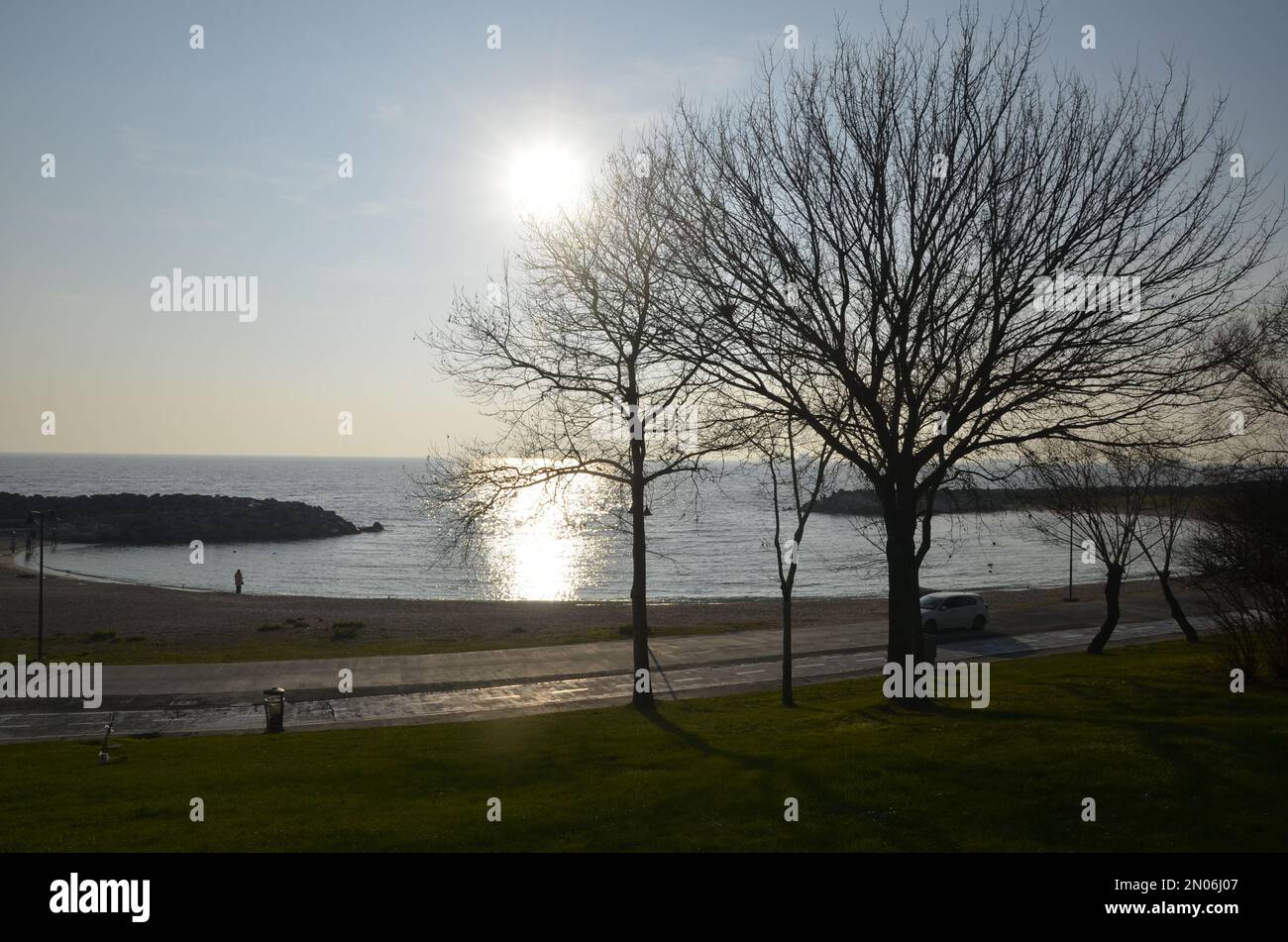 Yesilkoy Beach, Meer und Bäume bei Sonnenuntergang im Winter. Istanbul Türkiye. Stockfoto