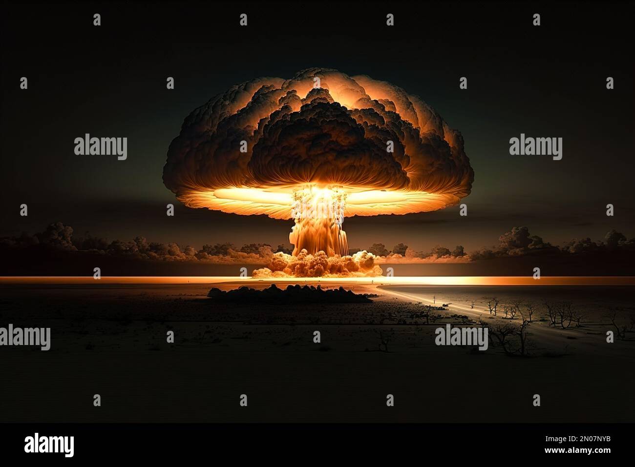 Atombombenexplosion in der Wüste, generative KI Stockfoto