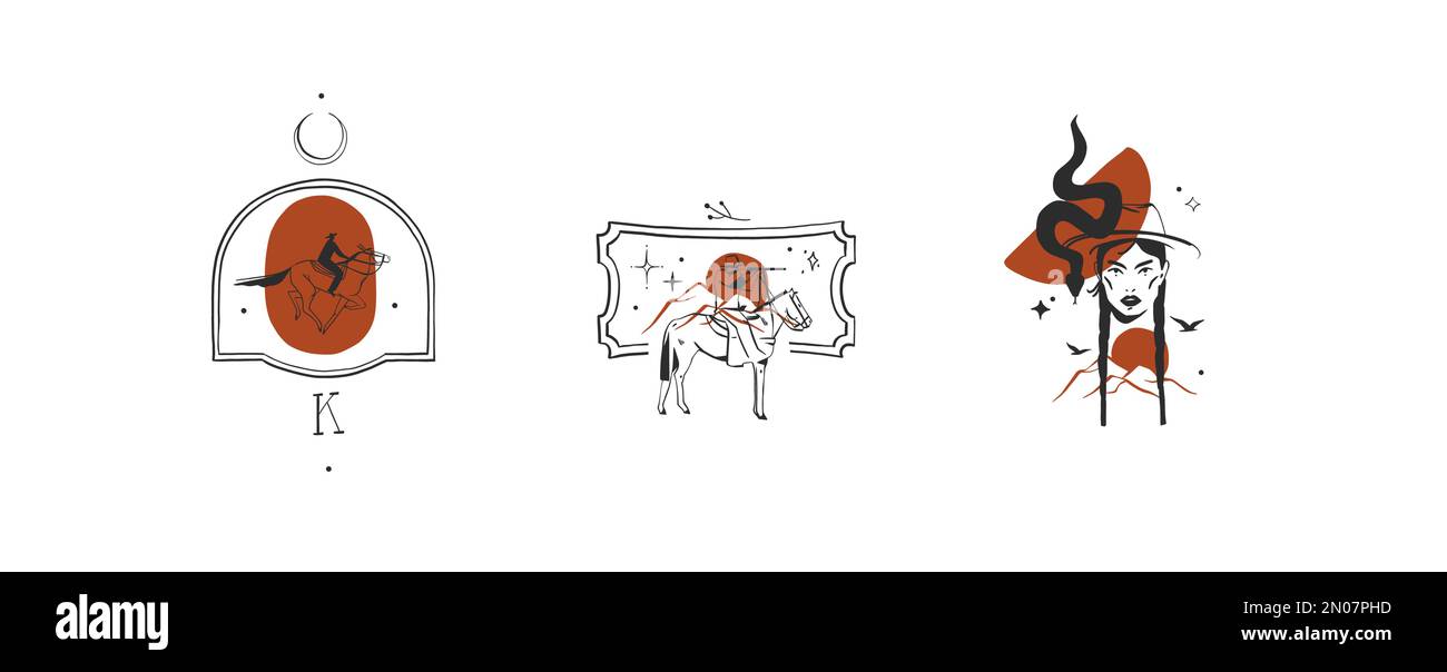 Handgezeichnete abstrakte Vektor Grafik Cliparts Illustrationen Logo Set Kompositionen.Wild Western Design Konzept.Böhmische wilden Westen zeitgenössische Kunst.Cowboy Stock Vektor