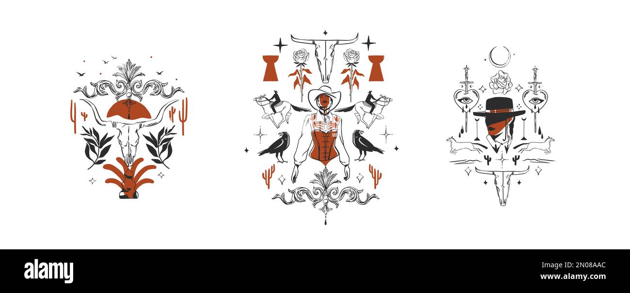 Handgezeichnete abstrakte Vektor Grafik Cliparts Illustrationen Logo Set Kompositionen.Wild Western Design Konzept.Böhmische wilden Westen zeitgenössische Kunst.Cowboy Stock Vektor