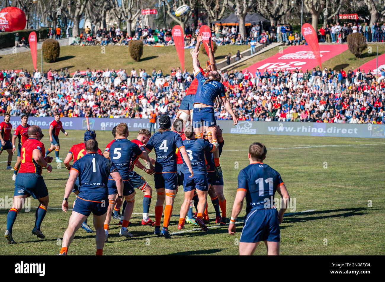 Madrid, Madrid, Spanien. 5. Februar 2023. Joshua Peters (Spanien) in Aktion während des Rugby-Spiels zwischen Nationalmannschaften Spaniens und der Niederlande, das am Sonntag, den 05. Februar 2023 in Madrid, Spanien, im Estadio Nacional gefeiert wurde. Gültig für die Rugby-Europameisterschaft (Abbild: © Alberto Gardin/ZUMA Press Wire) REDAKTIONELLER GEBRAUCH! Nicht für den kommerziellen GEBRAUCH! Stockfoto