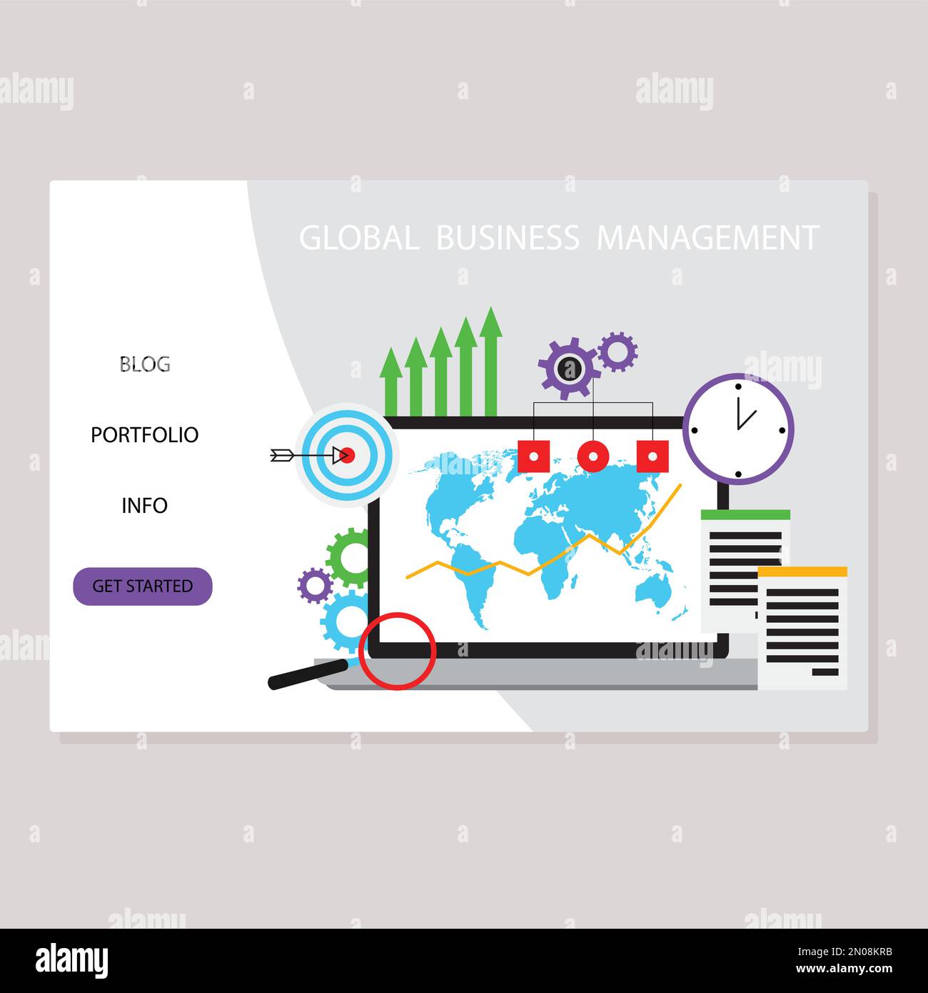 Landing-Page für Global Business Management, Verwaltungsgesellschaft. Vektor des Marketing-Website-Entwicklungsservice, Analyseprozess Remote Computer illus Stock Vektor