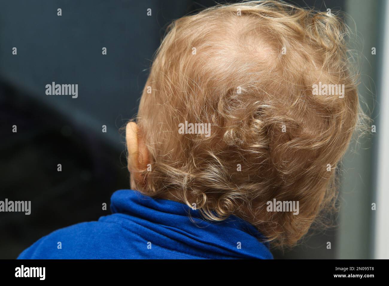 Das Detail des Kinderkopfes mit seinem langen, lockigen, ungezügelten ersten Haar. Stockfoto