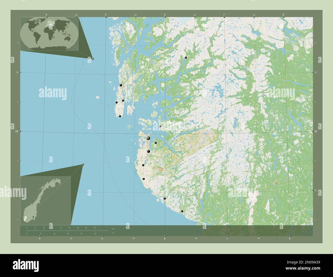 Rogaland, Bezirk Norwegen. Straßenkarte Öffnen. Standorte der wichtigsten Städte der Region. Eckkarten für zusätzliche Standorte Stockfoto