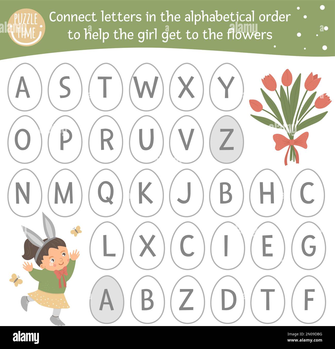 ABC-Spiel zu Ostern mit niedlichen Figuren. Frühlingslabyrinth für Vorschulkinder. Wähle Buchstaben von A bis Z aus, um dem Mädchen zu helfen, zum Flo zu gelangen Stock Vektor