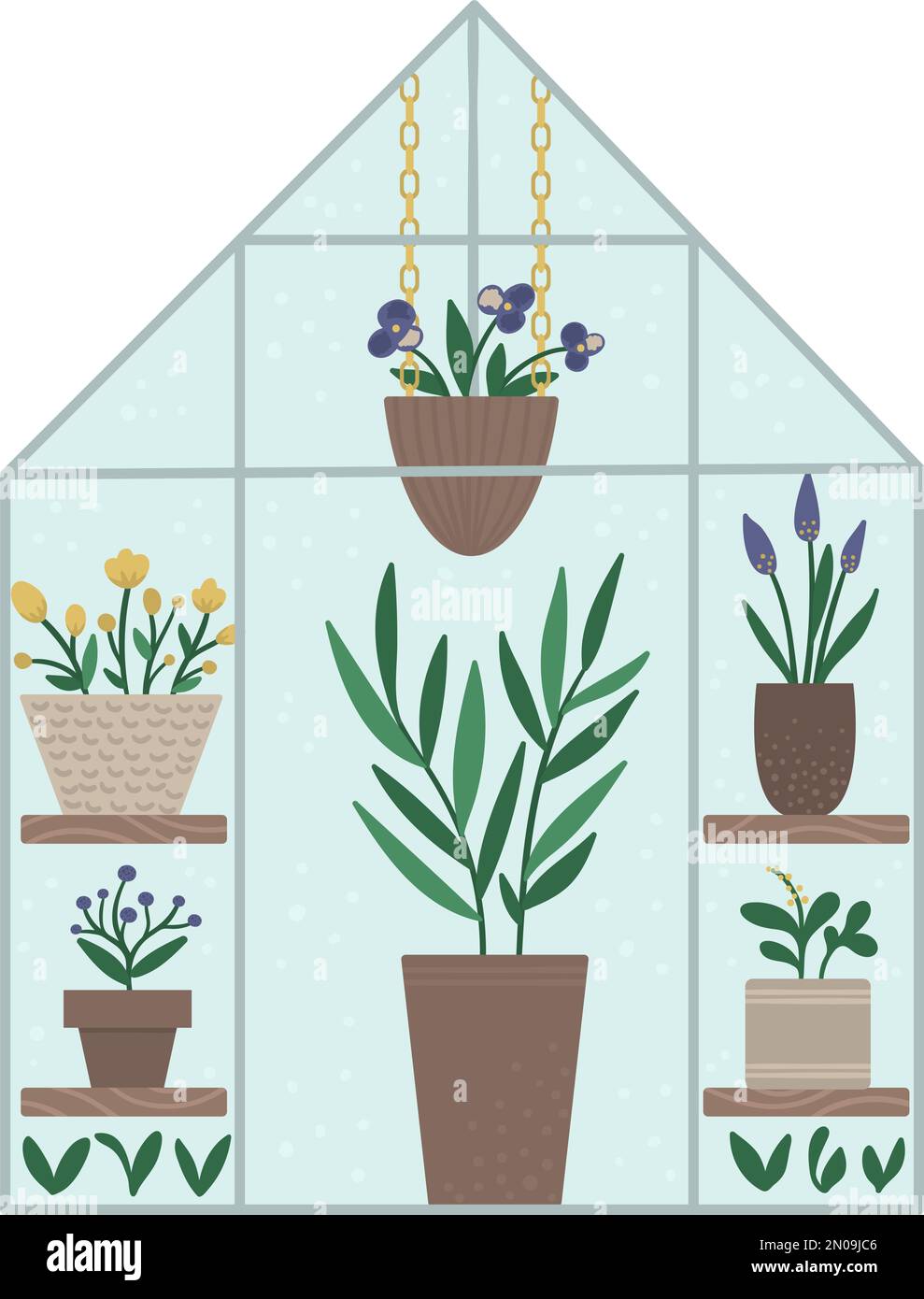 Vektorgewächse mit Pflanzen in Töpfen und Blumen. Abbildung eines flachen heißen Hauses isoliert auf weißem Hintergrund. Frontansicht Grünzimmerbild. Spring gard Stock Vektor