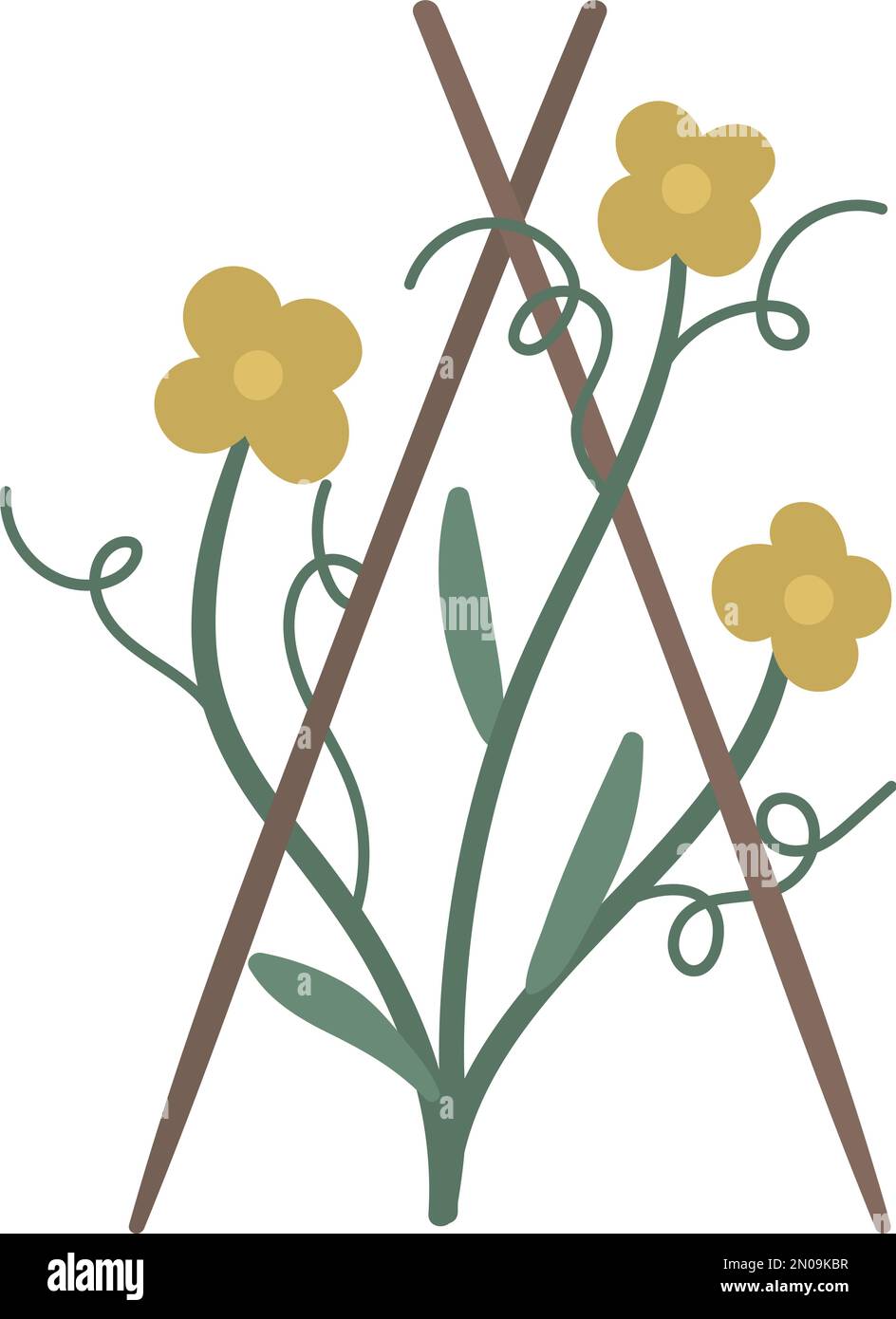 Vektorbild einer gelben Gartenblume auf Pfählen. Kleine Pflanze isoliert auf weißem Hintergrund. Abbildung der Blattfeder. Gärtnersymbol Stock Vektor
