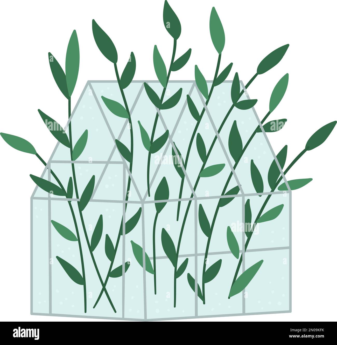 Vektorgewächse mit grünen Pflanzen. Abbildung eines flachen heißen Hauses isoliert auf weißem Hintergrund. Seitenansicht Grünzimmerbild. Illustration des Frühlingsgartens Stock Vektor