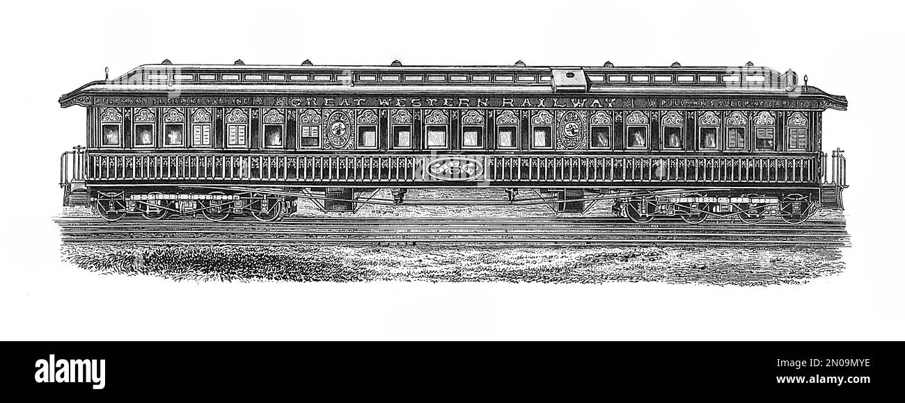 Antike Gravur des amerikanischen Schlafwagens im 19. Jahrhundert. Illustration veröffentlicht in Systematischer Bilder Atlas - Bauwesen, Ikonographische en Stockfoto