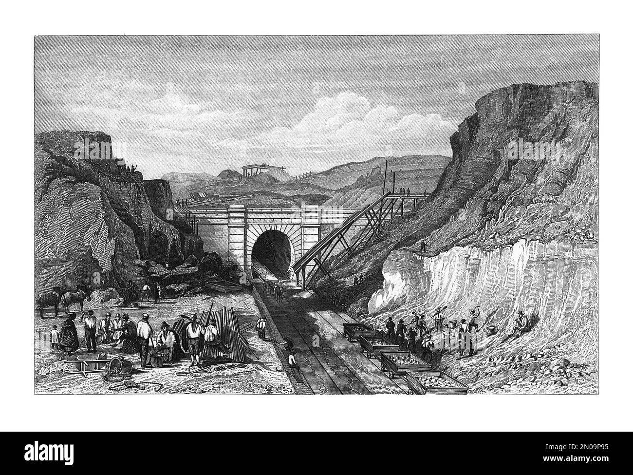 Antike Gravur, die den Bau von Schienenstrecken darstellt. Illustration veröffentlicht in Systematischer Bilder Atlas - Bauwesen, Ikonographische Encyklo Stockfoto