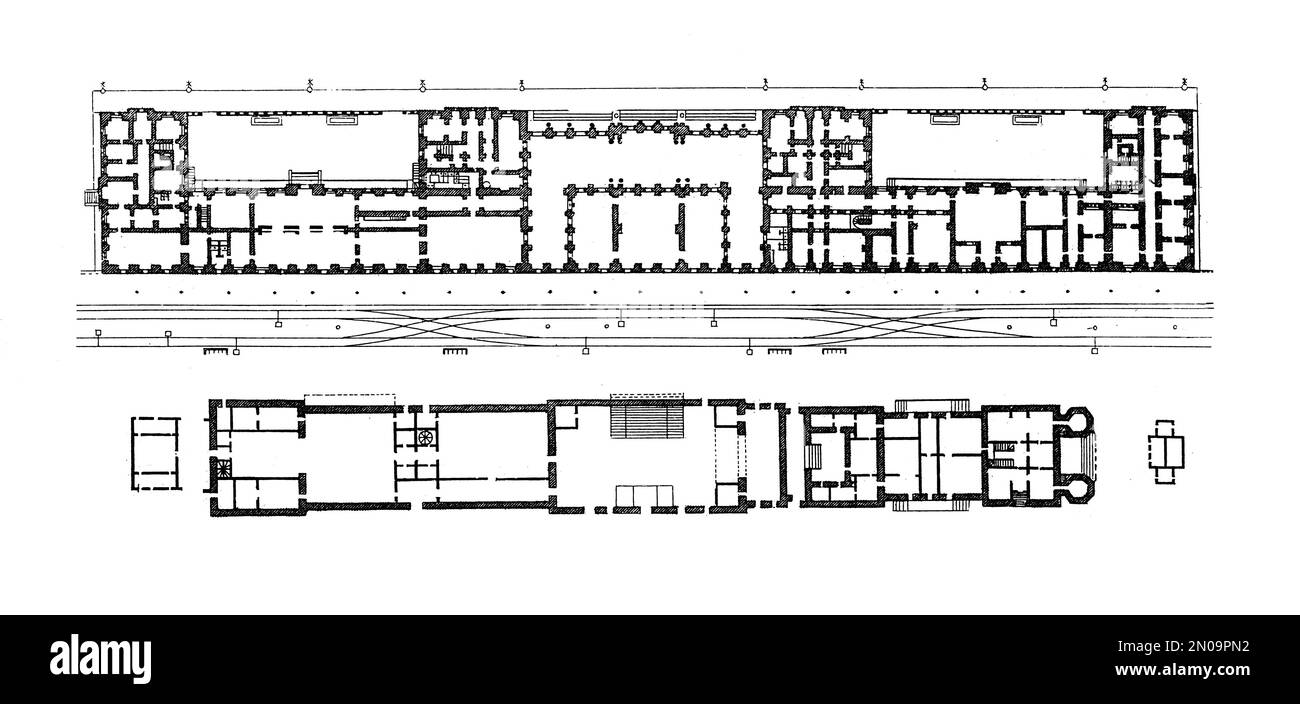 Antike Illustration aus dem 19. Jahrhundert mit Plänen von Bahnhofsgebäuden in Dresden und Gorlitz, 19. Jahrhundert. Gravur im Systematischen Bild Stockfoto