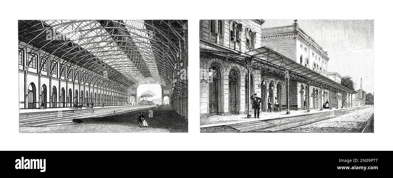 Antike Gravur aus dem 19. Jahrhundert mit Stationsgebäuden aus dem 19. Jahrhundert. Illustration veröffentlicht in Systematischer Bilder Atlas - Bauwesen, Ikonograp Stockfoto