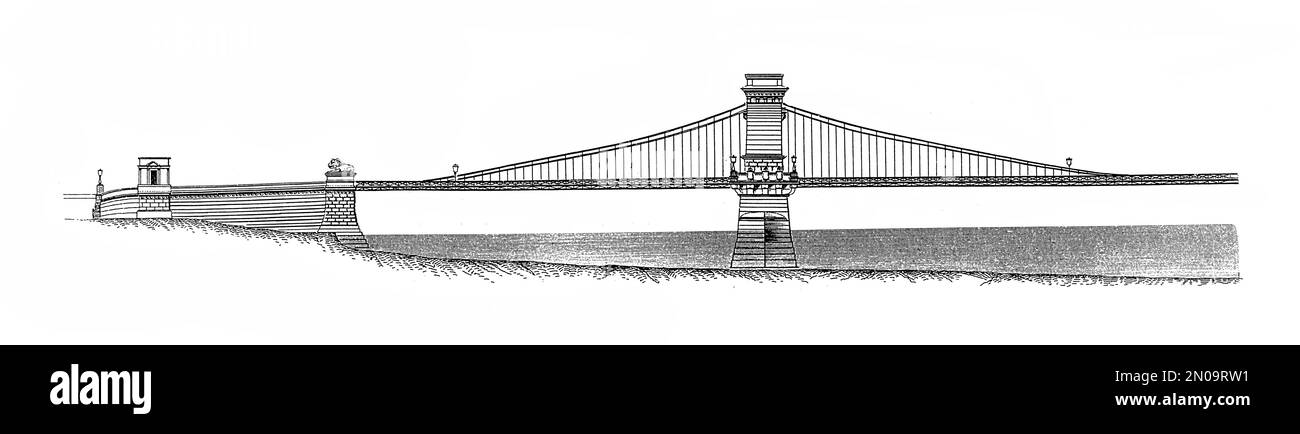 Darstellung der Szechenyi-Kettenbrücke aus dem 19. Jahrhundert zwischen Buda und Pest. Es wurde 1839 und o vom englischen Ingenieur William Tierney Clark entworfen Stockfoto