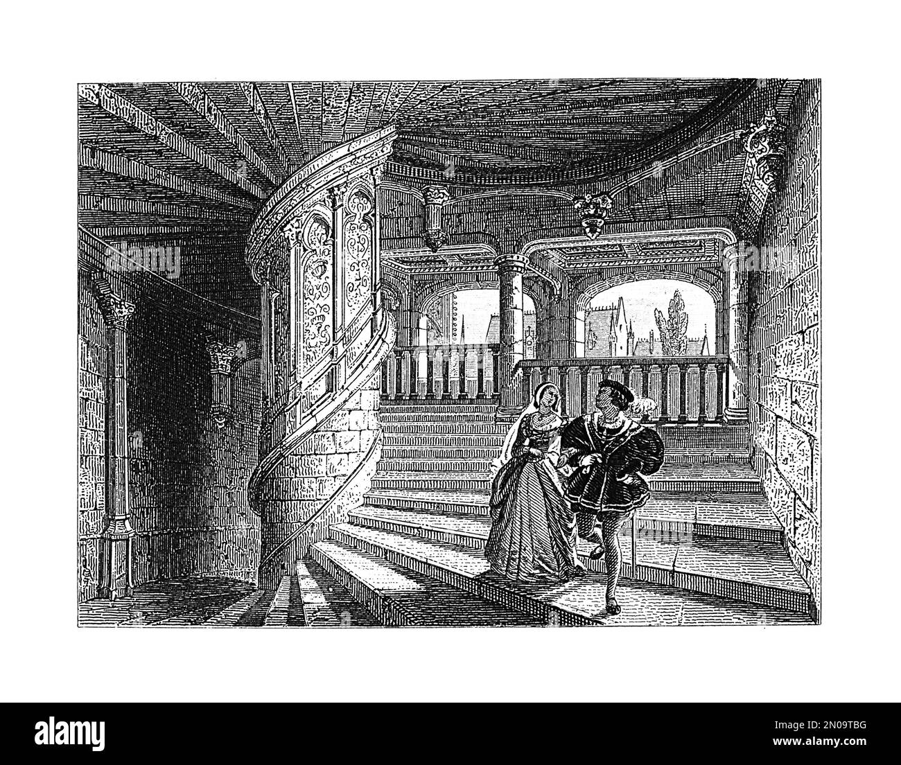 Antiker Stich aus dem 19. Jahrhundert, der die Treppe des Chateau de Chateaudun in Frankreich darstellt. Illustration veröffentlicht im Systematischen Bilder Atlas Stockfoto