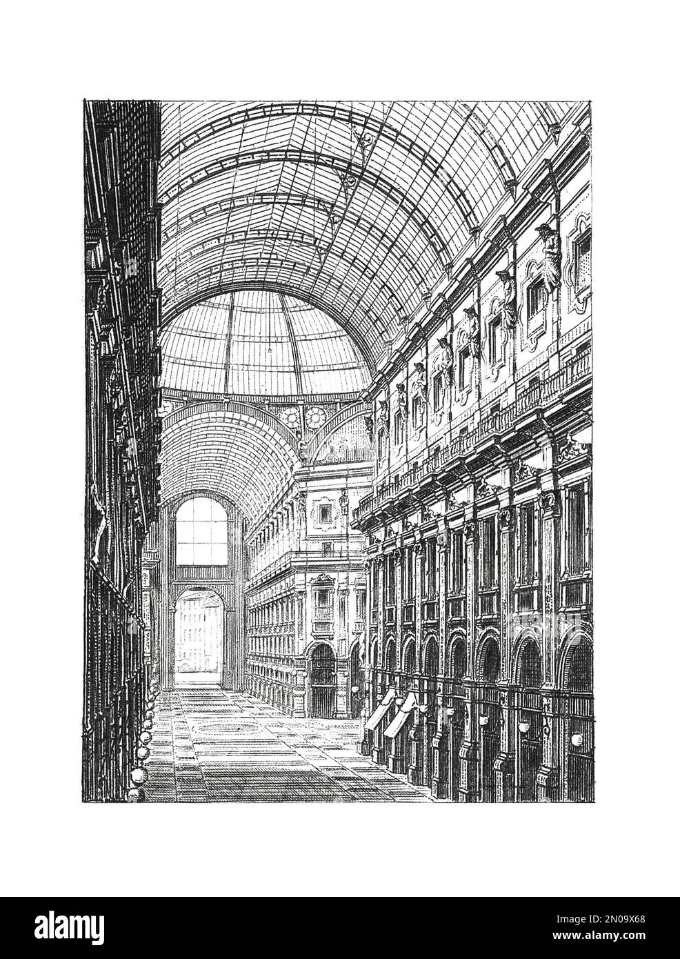 Antike Illustration der Galleria Vittorio Emanuele II, 1861 entworfen und von Giuseppe Mengoni zwischen 1865 und 1877 erbaut. Gravur veröffentlicht in Sy Stockfoto