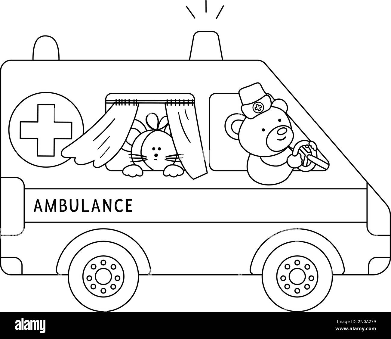 Vektor-Umriss-Ambulanz mit niedlichen Tieren drinnen. Bärenarzt fährt Notfallwagen mit kranker Maus. Lustige Spezialfarbseite für medizinische Transporte Stock Vektor
