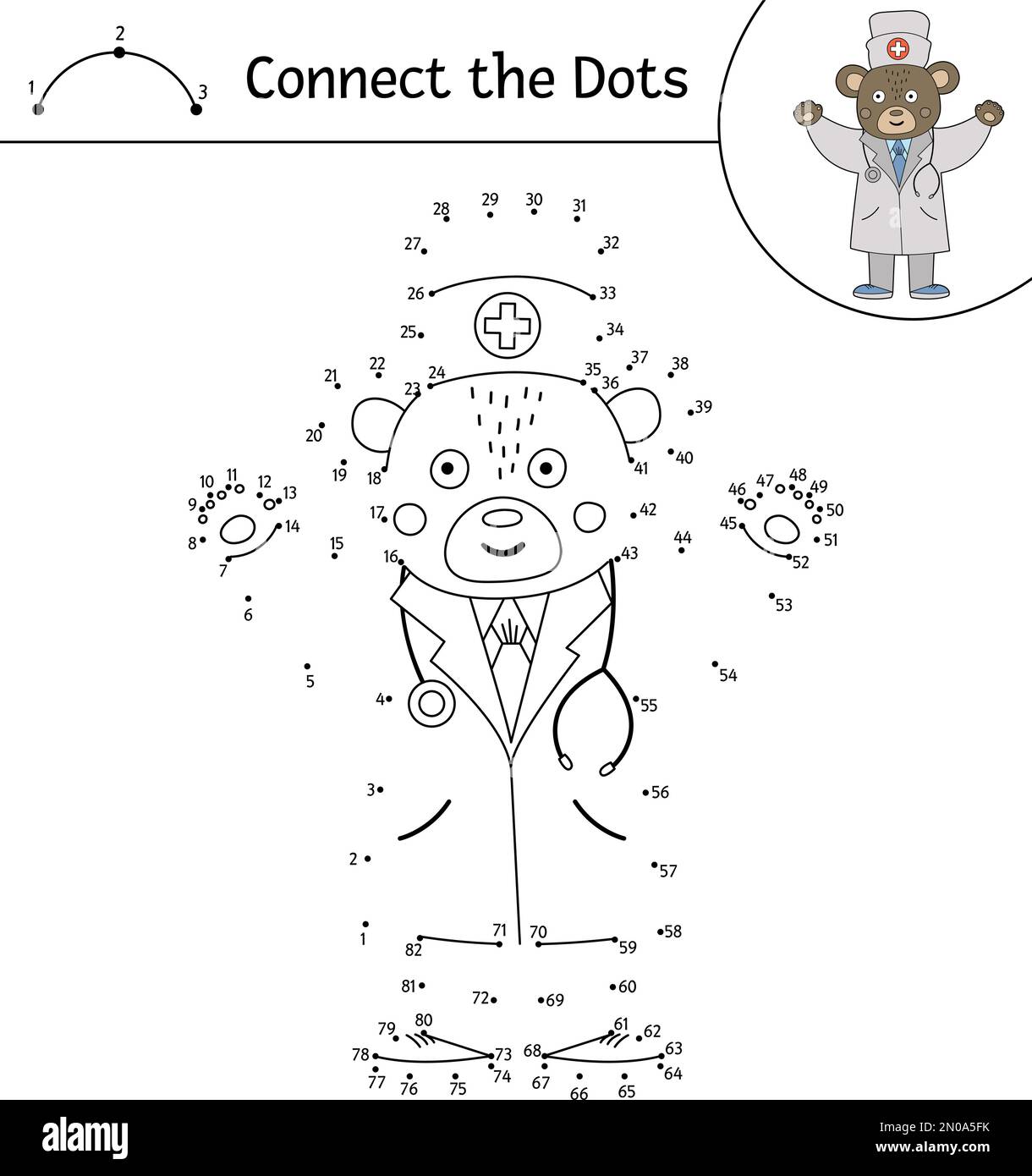 Vektor-Punkt-zu-Punkt-Aktivität mit niedlichem Tierarzt mit erhobenen Händen. Verbinde das Dots-Spiel. Zeichnung der Bär-Sanitäter-Linie. Lustige medizinische Malerseite für Stock Vektor