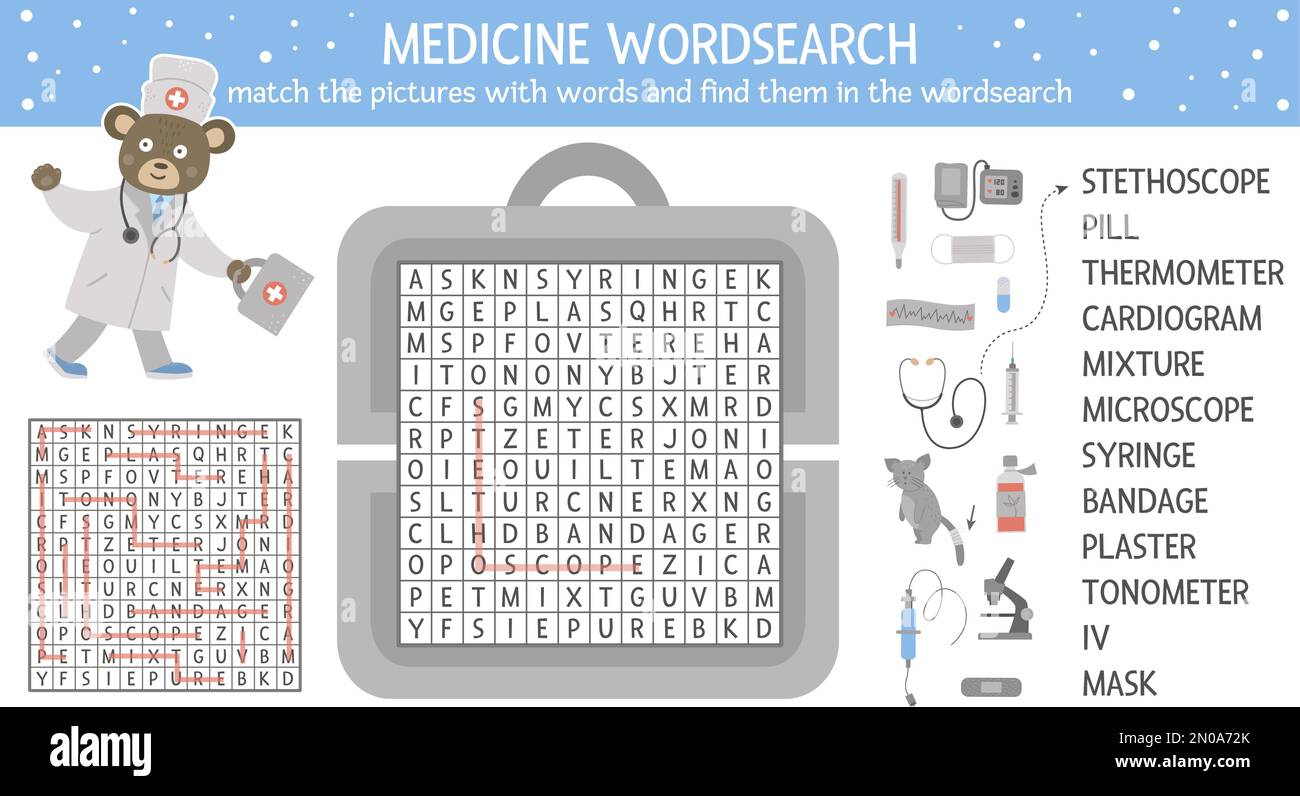 Vektor-Gesundheits-Wortsuche Puzzle mit Bildern. Medizin-Quiz für Kinder. Pädagogische Kreuzworträtselaktivität mit süßer medizinischer Ausrüstung und Arzt Stock Vektor