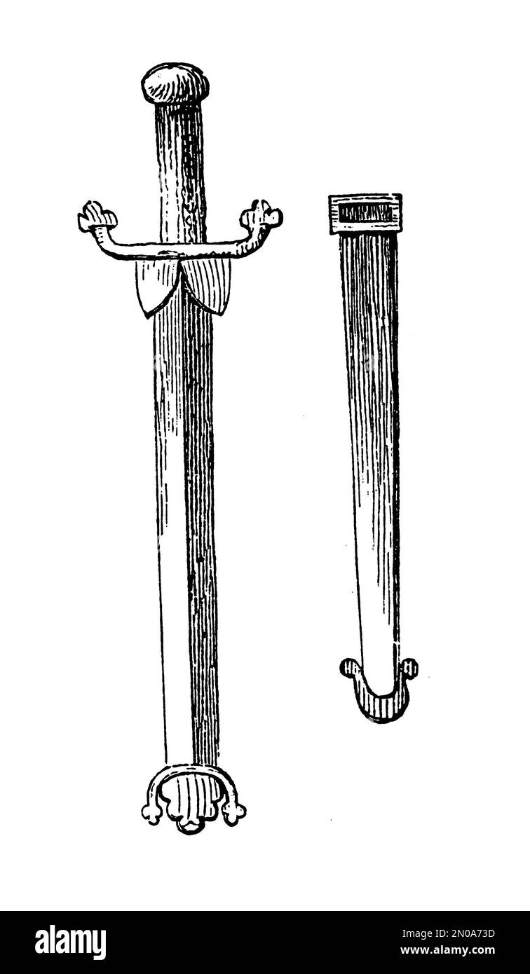 Antike Gravur assyrischer Militärausrüstung aus dem 19. Jahrhundert. Illustration veröffentlicht in Systematischen Bilder Atlas - Kriegwesen und Seewesen, Ikonog Stockfoto