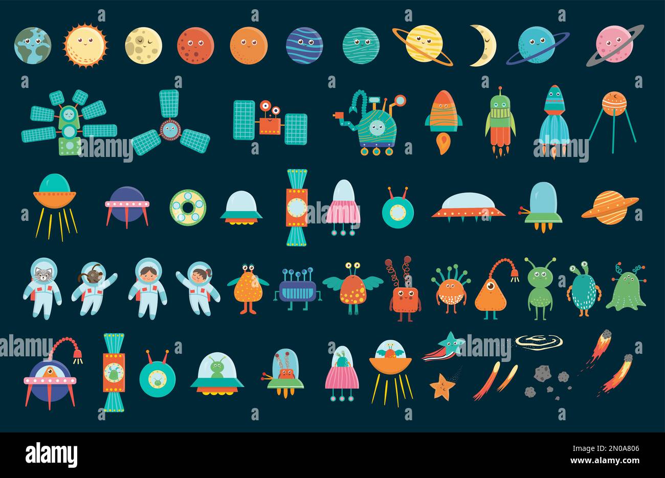 Große Vektorgruppe von Raumelementen für Kinder. Sammlung von flachen Raumschiffen, Satelliten, Raumfahrzeugen, Planeten, Astronauten, Star, ufo, Aliens, kommt Stock Vektor
