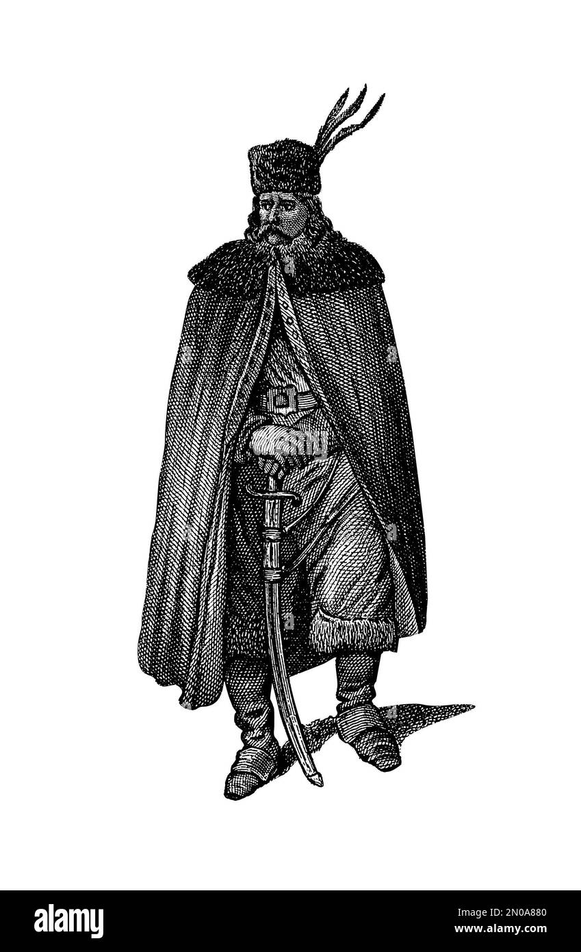 Gravur aus dem 19. Jahrhundert, die Teilnehmer des Dreißigjährigen Krieges darstellt, der von 1618 bis 1648 stattfand. Kroatischer General. Abbildung veröffentlicht i Stockfoto