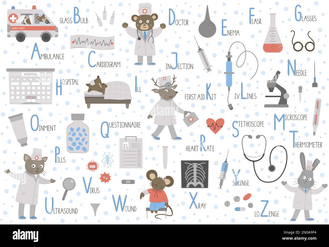 Medizinisches Alphabet für Kinder. Süßes flaches ABC mit Gesundheitssymbole und Ausrüstung. Horizontales Layout Medizin lustiges Poster zum Lesen auf w Stock Vektor