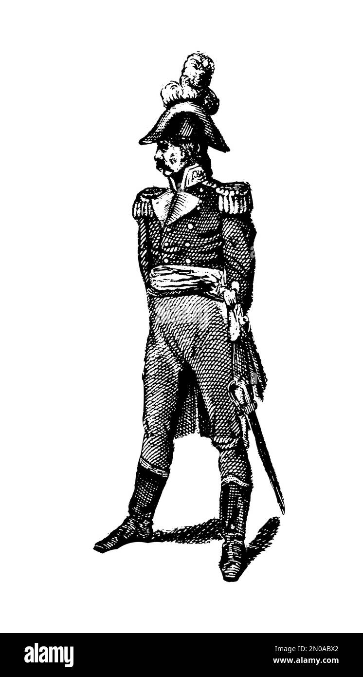 Antikes Bild aus dem 19. Jahrhundert, das die französische Truppe während der Französischen Revolution von 1789 bis 1799 darstellt. Allgemein. Gravurverleger Stockfoto
