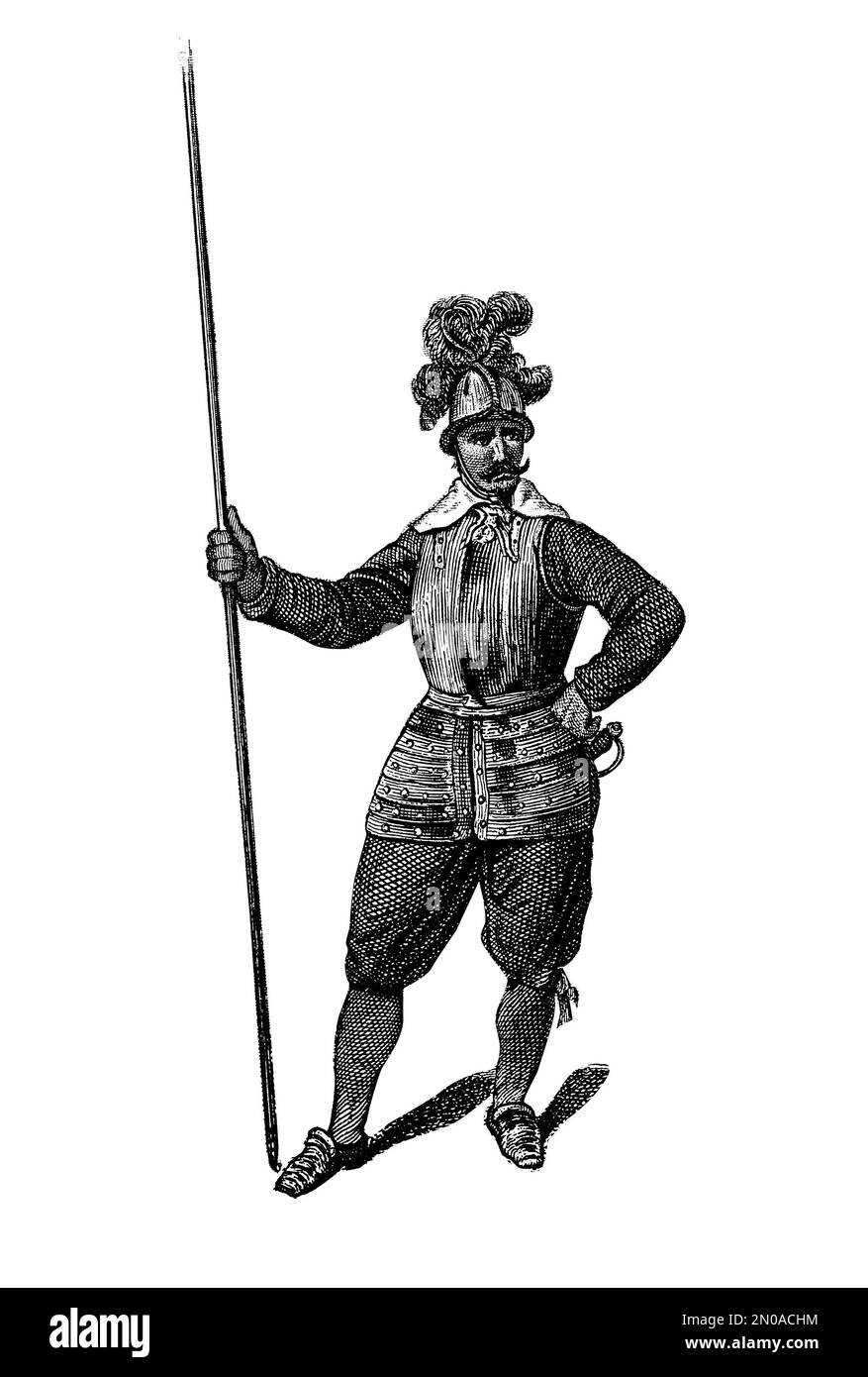 Gravur aus dem 19. Jahrhundert, die Teilnehmer des Dreißigjährigen Krieges darstellt, der von 1618 bis 1648 stattfand. Pikiner aus dem Heiligen Römischen Reich. Ich Bin Es Stockfoto