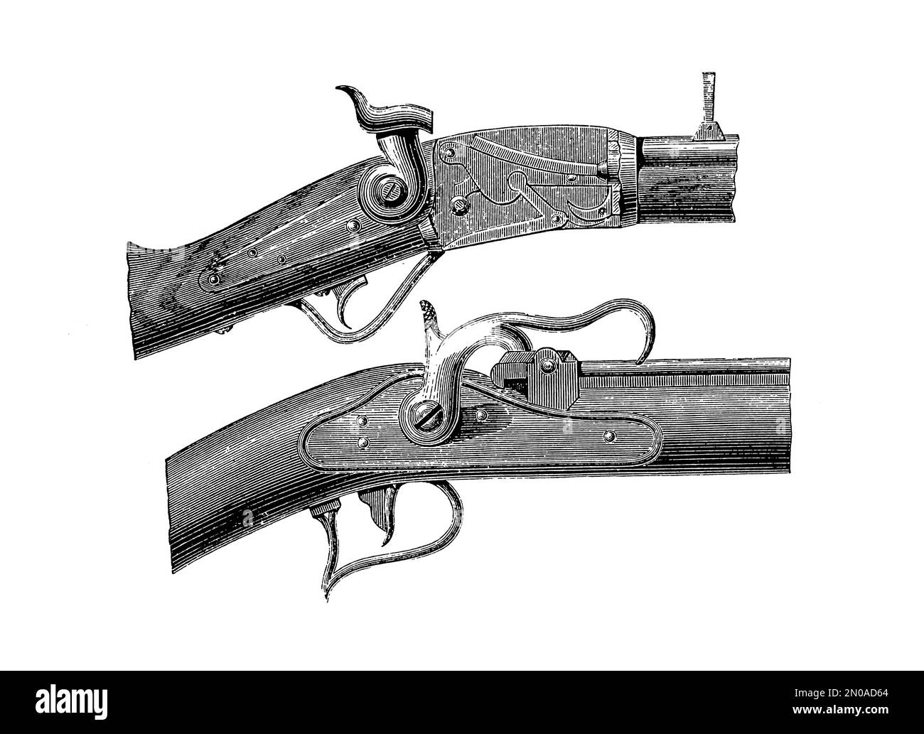 Antike Gravur von Gewehren aus dem 19. Jahrhundert - lange Gewehre, Flintlock, Henry-Repetiergewehr, Peabody-Gewehr. Illustration veröffentlicht in Systematik Bi Stockfoto