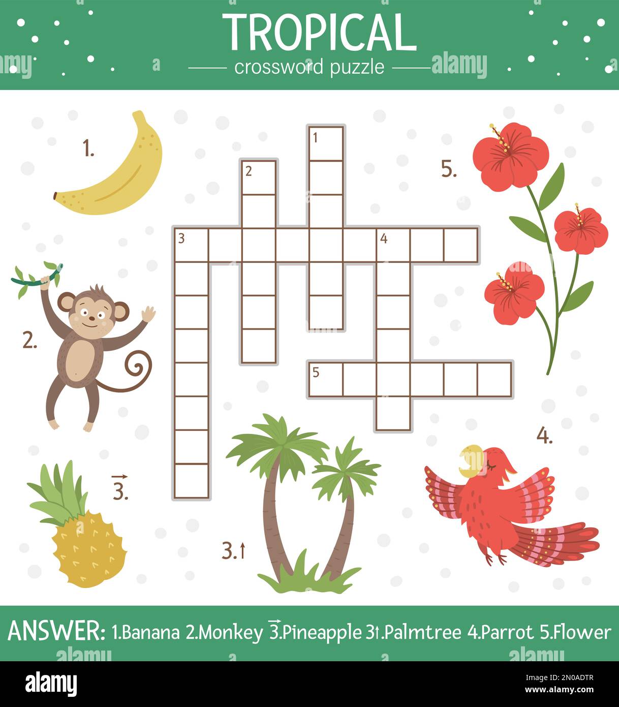 Vector-Sommer-Kreuzworträtsel für Kinder. Quiz mit tropischen Elementen für Kinder. Informative Dschungelaktivität mit niedlichen lustigen Figuren Stock Vektor