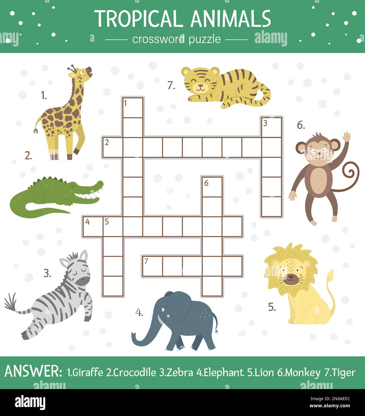 Vector-Sommer-Kreuzworträtsel für Kinder. Einfaches Quiz mit tropischen Tieren für Kinder. Informative Dschungelaktivität mit niedlichen lustigen Figuren Stock Vektor