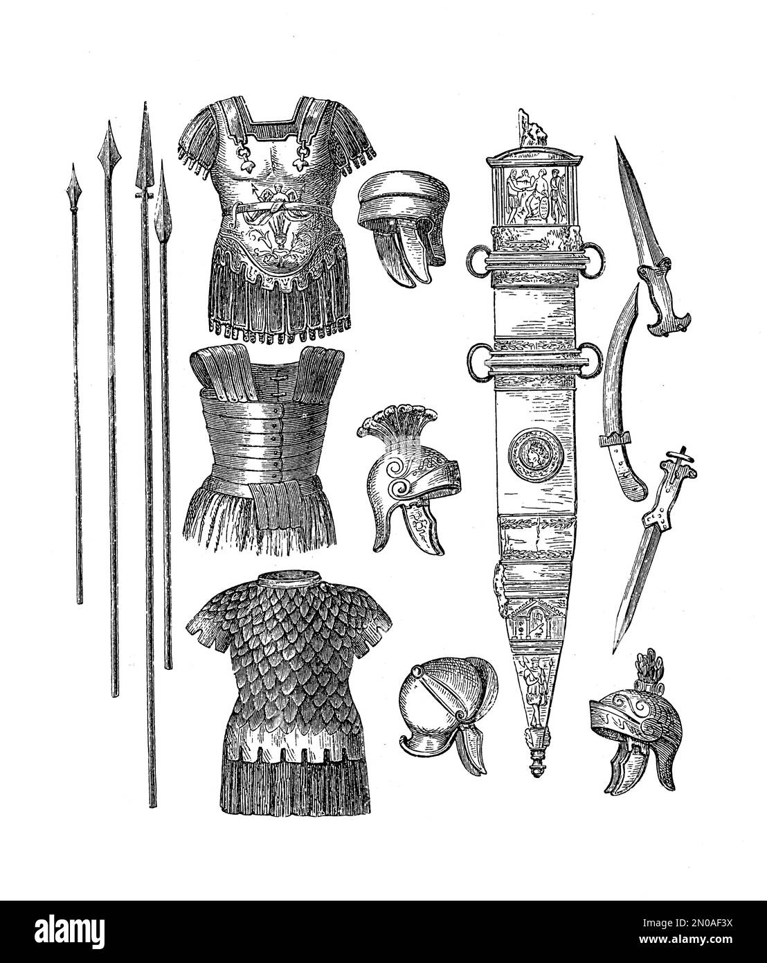 Antike Illustration mit Rüstungen und Waffen aus dem antiken Rom und dem antiken Griechenland. Gravur im Systematischen Bildatlas - Kriegwese Stockfoto