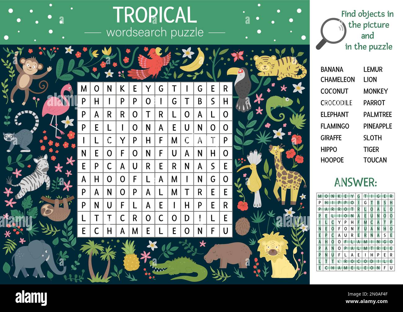 Vector-Sommer-Wortsuche-Rätsel für Kinder. Schlüsselwort mit tropischen Tieren und Vögeln für Kinder. Informative Dschungel-Kreuzworträtsel-Aktivität mit süßem Spaß Stock Vektor