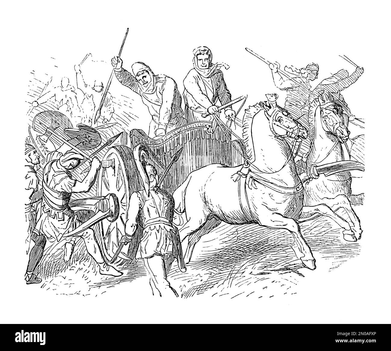 Antike Illustration aus dem 19. Jahrhundert von lydianischen Soldaten, die persische Streitwagen angreifen. Gravur im Systematischen Bildatlas - Kriegwesen und SE Stockfoto