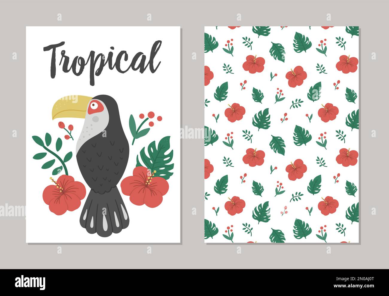 Set aus Vektordesigns für den Sommer mit tropischen Vögeln, Pflanzen und Blumen. Lustige, exotische Geschenkgutscheinvorlagen mit niedlichen Dschungelfiguren. Toucan-Witz Stock Vektor