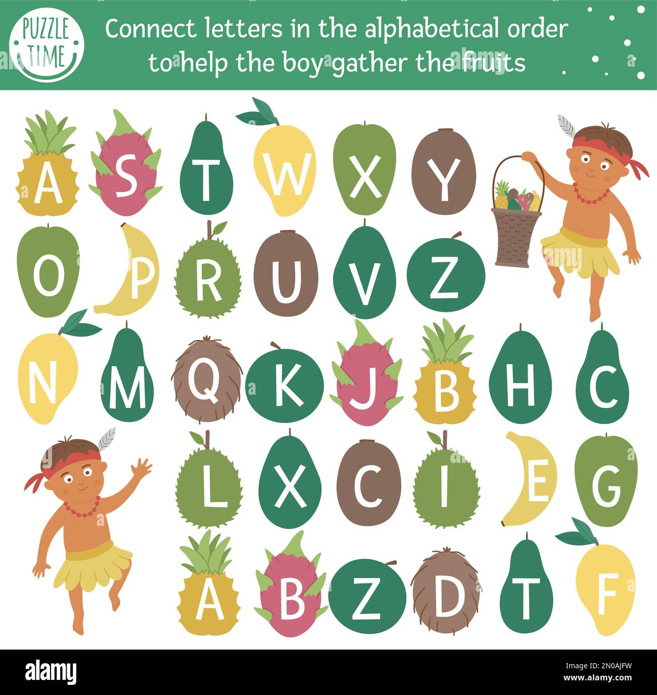 Tropisches ABC-Spiel mit niedlichen Figuren. Exotische Alphabet-Labyrinth-Aktivität für Vorschulkinder. Wähle Buchstaben von A bis Z, um dem Jungen dabei zu helfen, Früchte zu sammeln Stock Vektor