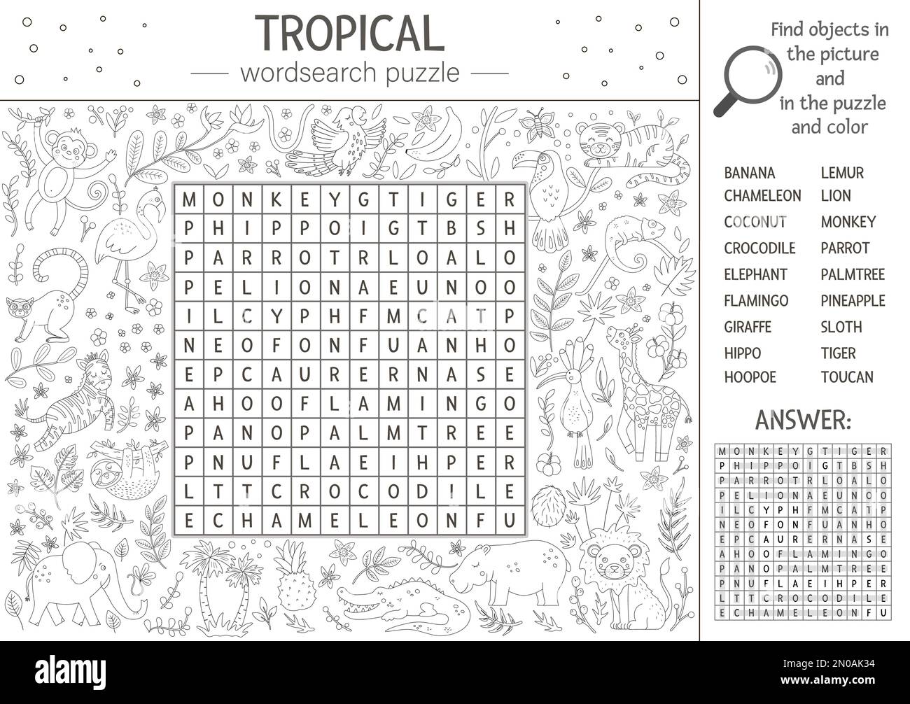 Vektor-Sommer-Wortsuche-Rätsel. Schlüsselwort mit tropischen Tieren und Vögeln für Kinder. Informative schwarz-weiße Dschungel-Kreuzworträtsel-Aktivität mit niedlichem Stock Vektor