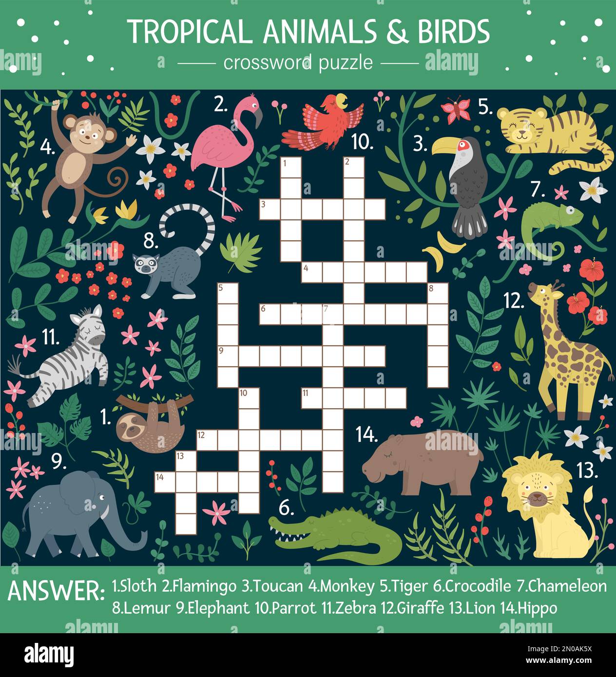 Vector-Sommer-Kreuzworträtsel für Kinder. Quiz mit tropischen Tieren und Vögeln für Kinder. Informative Dschungelaktivität mit niedlichen lustigen Figuren Stock Vektor