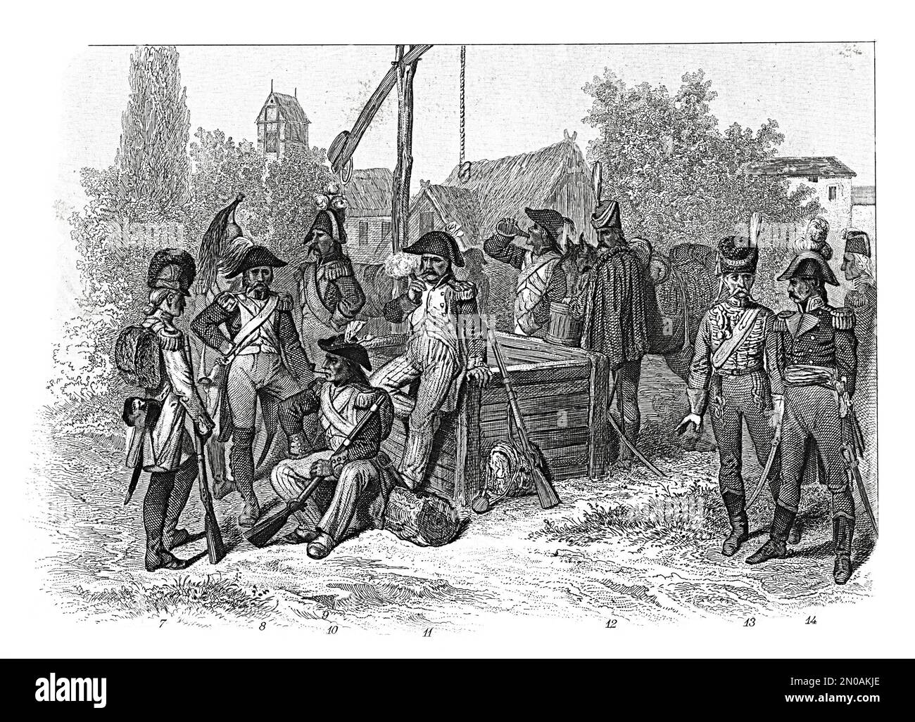Antikes Bild aus dem 19. Jahrhundert, das die französische Truppe während der Französischen Revolution von 1789 bis 1799 darstellt. Von links nach rechts: 7. Gren Stockfoto