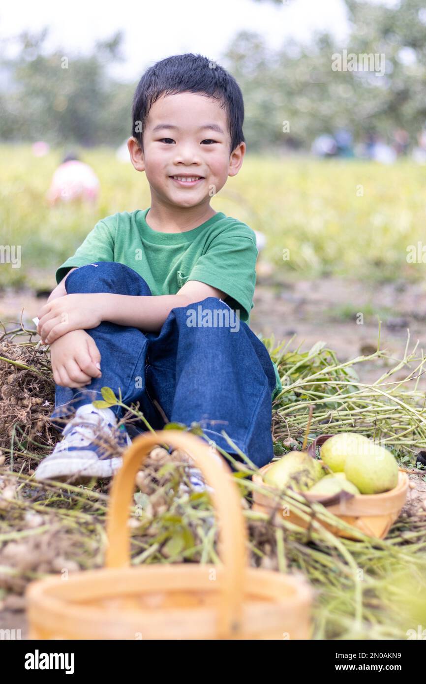 Ein glücklicher kleiner Junge sitzt Gemüse, um Birnen zu essen Stockfoto