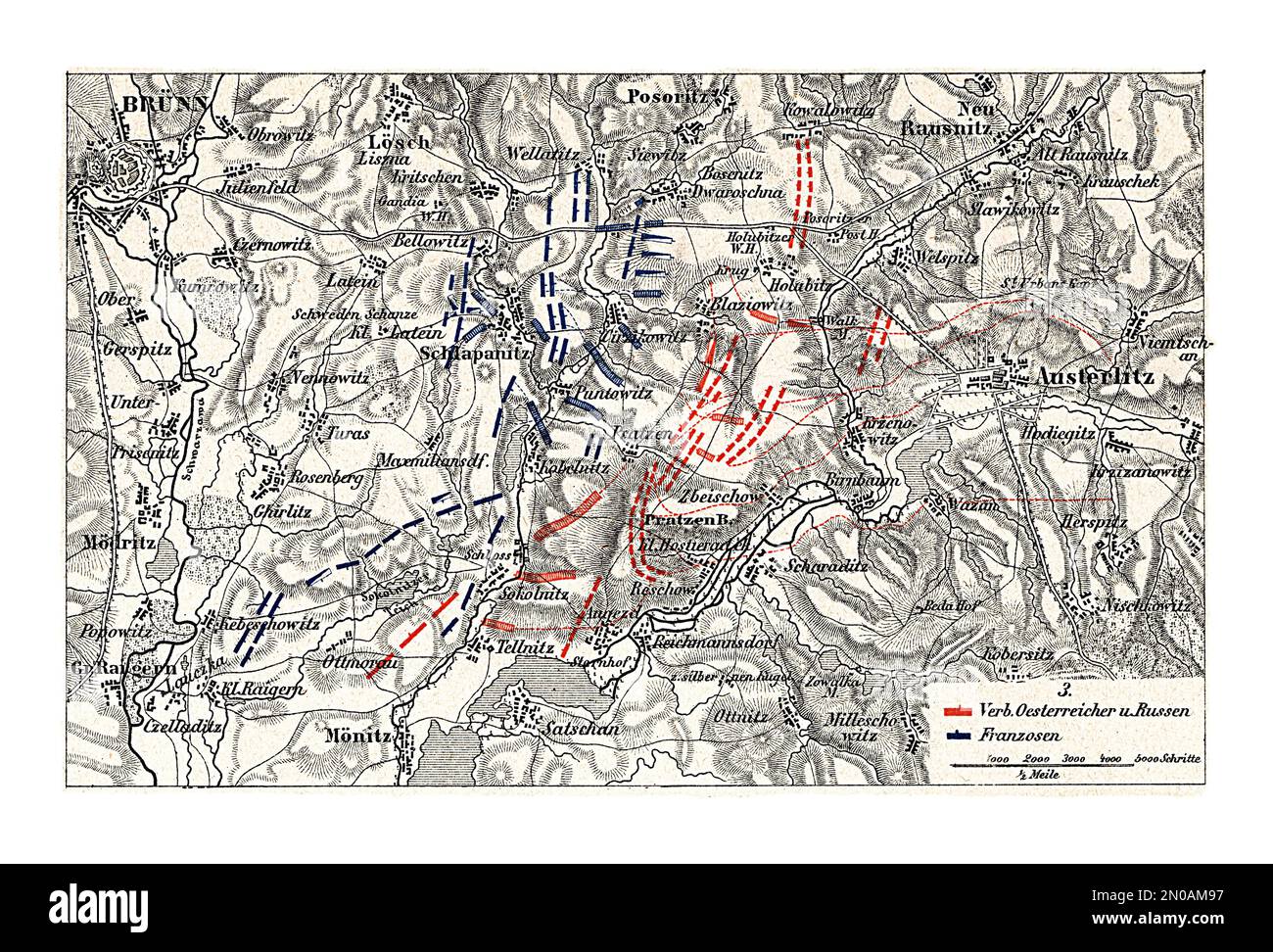 Antike Gravur aus dem 19. Jahrhundert der Schlacht von Austerlitz, die am 2. Dezember 1805 stattfand. Es war Napoleons größter Sieg, den Th zu zerstören Stockfoto