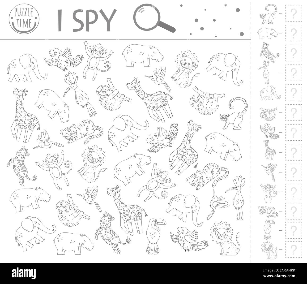 Tropisches I-Spionage-Spiel. Exotische Such- und Zählaktivitäten für Vorschulkinder mit niedlichen Tieren. Lustiges schwarz-weißes, druckbares Arbeitsblatt im Dschungel Stock Vektor
