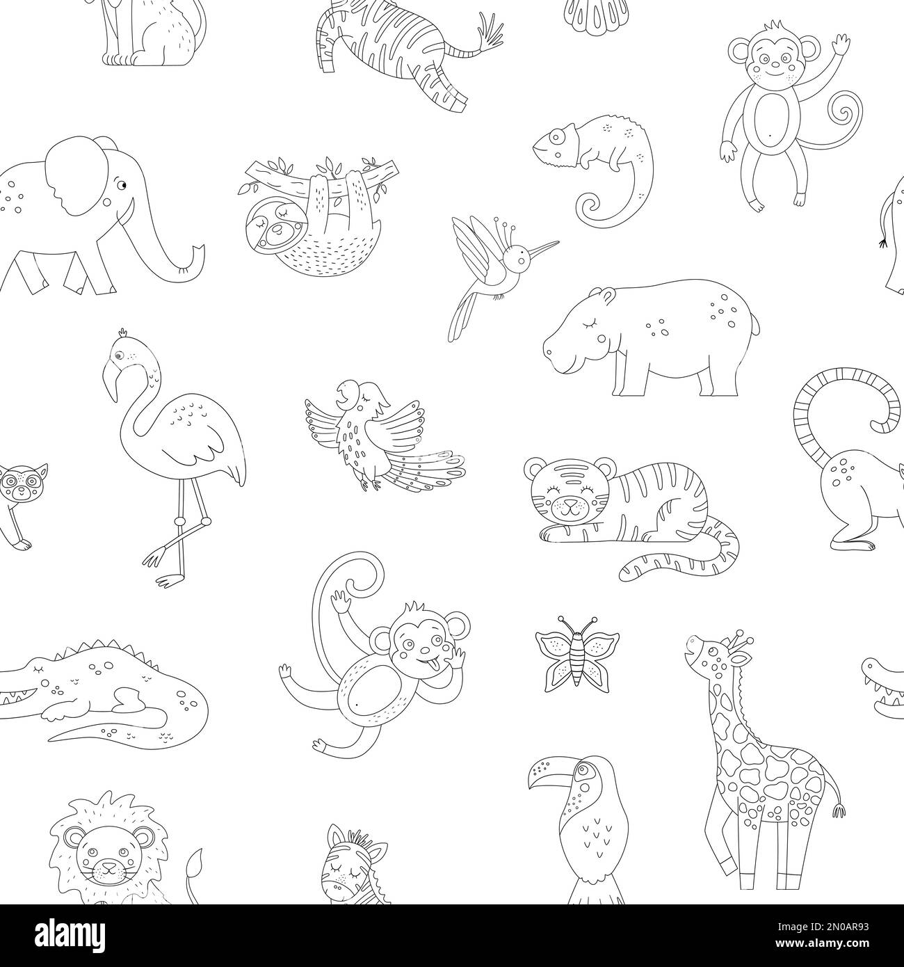 Vector schwarz-weiß nahtloses Muster mit niedlichen exotischen Tieren. Lustige tropische Wiederholung mit Vögeln. Schwarzweiß-Illustration für Kinder. J Stock Vektor