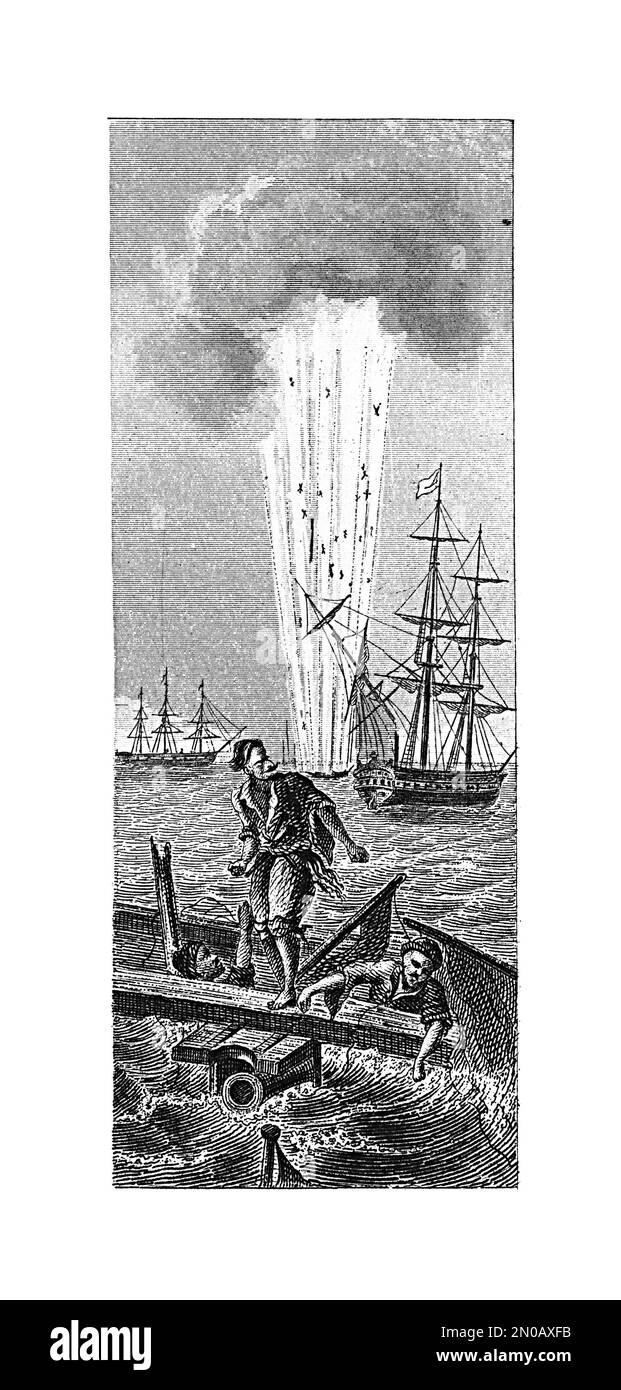 Gravur aus dem 19. Jahrhundert aus der Schlacht von Navarino, die am 20. Oktober 1827 in Navarino Bay ausgetragen wurde. Eine Kombination aus osmanischem und ägyptischem Stockfoto