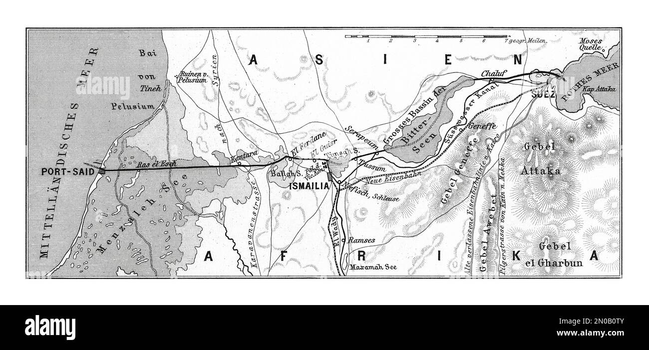 Antike Illustration des Suezkanals aus dem 19. Jahrhundert. Gravur veröffentlicht in Systematischer Bilder Atlas - Kriegwesen und Seewesen, Ikonographische Enc Stockfoto