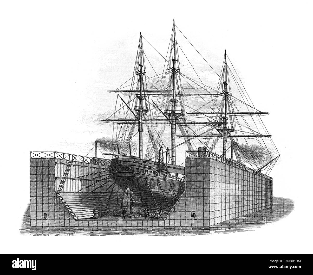 Antike Illustration eines Trockendocks. Gravur veröffentlicht in Systematischer Bilder Atlas - Kriegwesen und Seewesen, Ikonographische Encyklopaedie der Wisse Stockfoto